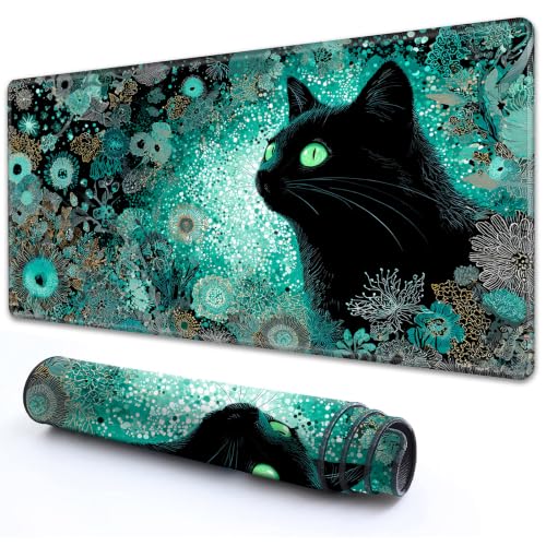 for TCG MTG Commander Playmat 24 x 14 Inch Trading Card Game Mat | Thick Non Slip Rubber Playmat With HD Fade Resistant Printing for All Card Games, Cat Glowing Green Eyes Floral - color: Cat Glowing Green Eyes Floral, size: 24" x 14"