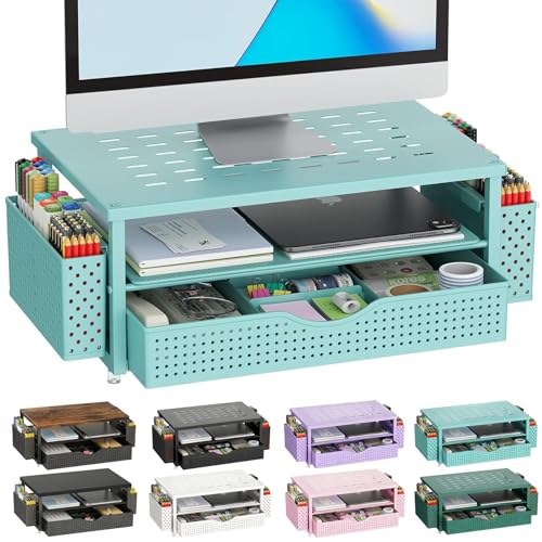 gianotter Desk Organizers and Accessories, Monitor Stand with Drawer and 2 Pen Holder, Desktop Organizer Suitable for Offices and Dormitories (Blue) - color: Blue-Ventilated