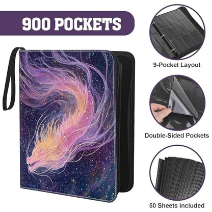 Trading Card Binder 900 Slots, 3-Ring Refillable 9-Pocket Album, 50 Top-Loading Pages, Zippered Case with Strap, Acid-Free PVC-Free, Fits 2.5 x 3.5 in Cards, TCG - color: Nebula Dragon - 2
