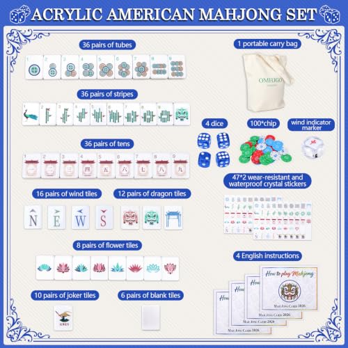 160 Acrylic American Mahjong Tile Set for Beginners, Mah Jong Lovers | 1.2” Mahjong Set with Carrying Bag and Accessories, 2026 New Deep Blue Tiles, 3D Engraved 4 Layer Mahjong Tiles - color: Dark Blue