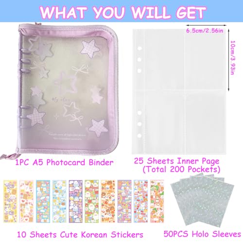 Kpop Photocard Binder Kpop Photocard Holder Book with Kpop Photocard Korean Stickers, A5 Binder Photocard Album 25 Inner Pages with 200 Pockets 6 Ring Photocard Binder Kpop (Purple Star) - color: Purple Star