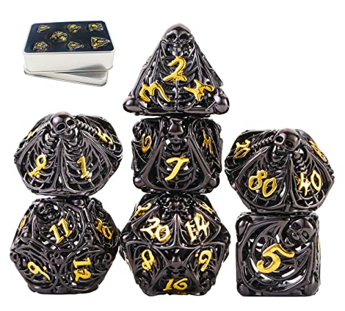 Metal DND Dice Set Skull Dungeons and Dragon Dice Set Hollow Polyhedral Magic 7 PCS Dice Set with Gift Metal Box for Dungeons and Dragons Table Games Play Cards MTG(Skull_Black Plus Gold) - color: Skull_red and White