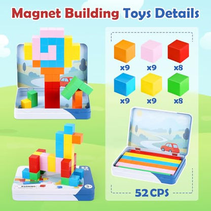 52 PCS Magnetic Blocks with Metal Box, 0.8in Mini Building Cubes Travel Toy | Magnetic Building Blocks Travel Airplane Classroom Toys for Kids Ages 3+, STEM Educational Toys for Boys Girls Birthday Gifts - color: Colorful
