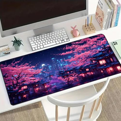 Simpkeely Fantasy Night City Gaming Mouse Pad, Blacklight Japanese Residential Buildings Landscape Neon Large Waterproof UV Reactive Non-Slip Rubber Base Mousemat for Office Home - 31.5" x 11.8" - color: Japanese City