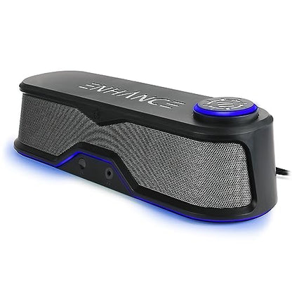 ENHANCE SB1 Computer Speakers High Excursion Soundbar - USB Powered Computer Sound Bar, Under Monitor Speaker with 10W Peak, LED Volume Control Knob, Headset Pass Through, Gaming Soundbar for PC - color: Blue