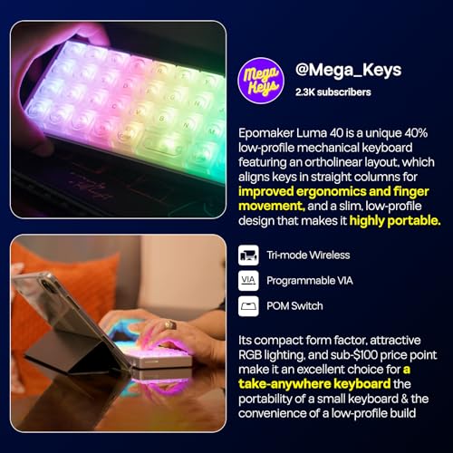 EPOMAKER Luma40 Low Profile Mechanical Keyboard with QMK/VIA & CNC Metal | Transparent PC Keycap, Hot-Swap, Kailh Linear Switch, 2.4Ghz/BT/USB, 40% Wireless Gaming Keyboard for Mac/Win