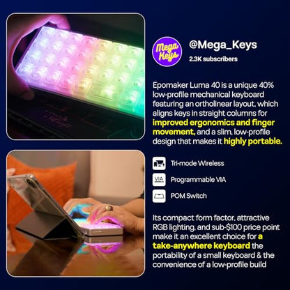 EPOMAKER Luma40 Low Profile Mechanical Keyboard with QMK/VIA & CNC Metal | Transparent PC Keycap, Hot-Swap, Kailh Linear Switch, 2.4Ghz/BT/USB, 40% Wireless Gaming Keyboard for Mac/Win