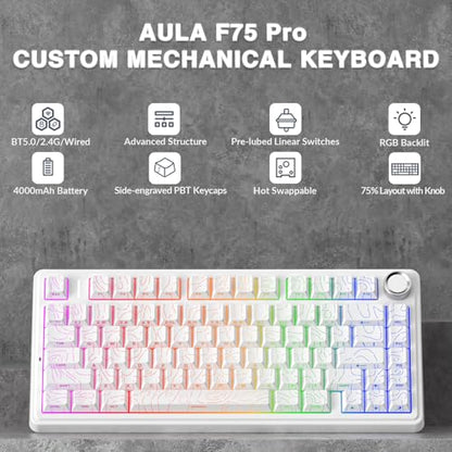 AULA F75 Pro Wireless Mechanical Keyboard with Knob,75% Hot Swappable Custom Gaming Keyboards,RGB Backlit,Pre-lubed Switches,Side Printed PBT Keycaps Creamy Sounding Computer Keyboard, Line White - color: F75 Pro-Line White