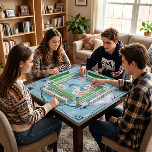 Chinoiserie Mahjong Mat with Rules Non Slip Table Cover Pavilion Design | 31.5"x31.5" with Velvet Storage Bag for Mahjong Poke Board Card Tile Games - color: Chinoiserie Light Gray