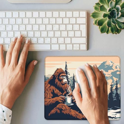 Sasquatch in Forest Holding Coffee Mouse Pad Square MousePads Non-Slip Rubber Base Mouse Mat Desk Pad with Stitched Edge for Desk Computers Laptop Office, 9.5x8 Inches - color: Sasquatch in Forest Holding Coffee