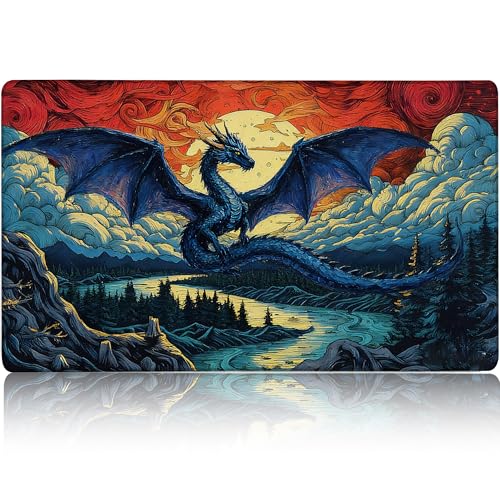 MTG Playmat TCG Card Game Mat Magic The Gathering Play Mat 24x14 Inch - color: Ember Skies Blue Dragon