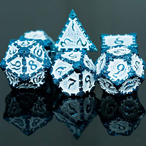 Cusdie 7pcs Metal DND Dice with Tin Box, Dagger Design Polyhedral Die Set, for Role Playing Game D&D Dice Pathfinder (Blue White) - color: Blue White