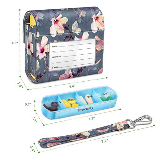 FINPAC Weekly Pill Organizers 4 Times A Day, Slide Open PU Leather Case Travel Pill Vitamin Medicine Reminder and Planner with Name Card for Morning| Afternoon| Evening| Bedtime (Blooming Hibiscus) - color: Blooming Hibiscus
