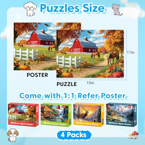 4 Packs Puzzles for Kids Ages 4-6 6-8 8-10, Farm Rainforest Wild Animals Kids Puzzles, 100 Pieces Jigsaw Puzzle for Seniors Adults Kids Learning Puzzle Toys Gifts for Girls Boys 15x11 inch - style: Wild Animals