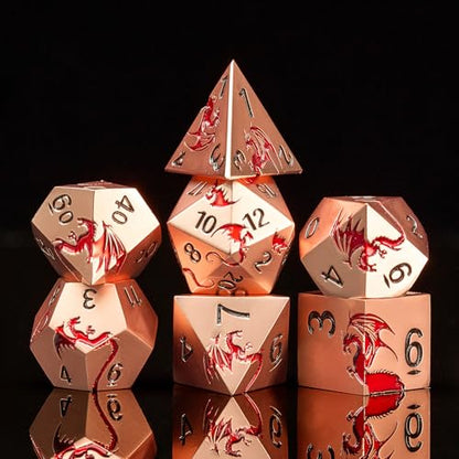 Metal Dragon Dice Set,7-Piece Zinc Alloy DND Dice,Ancient Red | Complete polyhedral dragon dice set with easy-to-read numbers and a magnetic gift box for DND players and collectors. - color: Ancient Gold Red