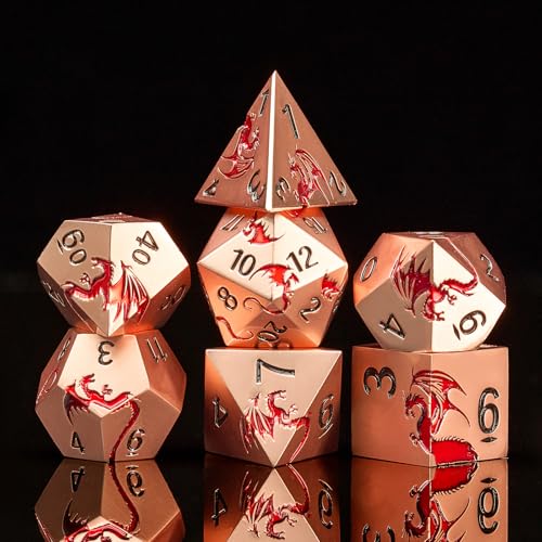 Metal Dragon Dice Set,7-Piece Zinc Alloy DND Dice,Ancient Red | Complete polyhedral dragon dice set with easy-to-read numbers and a magnetic gift box for DND players and collectors. - color: Ancient Gold Red