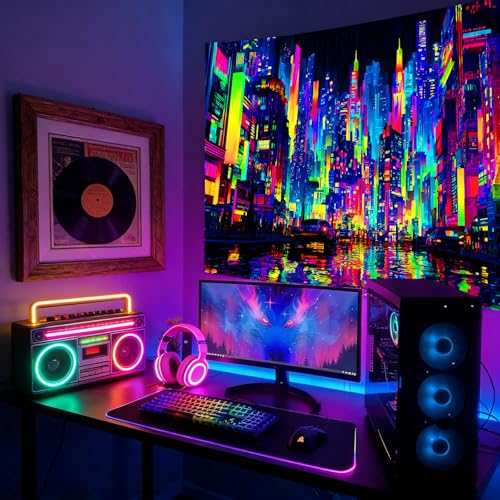 KKYEJLQYI UV Reactive Tapestry, Black Light Neon Wall Tapestry, Luminous Space Tapestry, Bedroom, Living Room, Game Room Decoration Large Tapestry, Cyber City - color: City-4