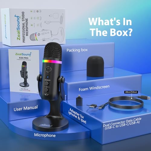 ZealSound Podcast Microphone for PC, USB Mic with Noise Reduction, Tap-to-Mute, Gain & Echo Controls, Zero-Latency Monitoring, RGB Lighting for Mac, iPhone, iPad, Live Streaming & Voice-Over K66 Pro - color: RGB