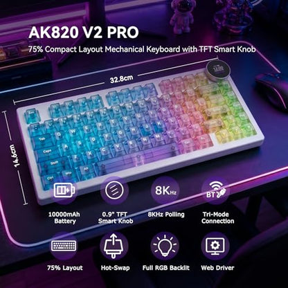 AK820 V2 PRO 75% Compact Mechanical Keyboard, 81 Keys, Tri-Mode (2.4G/Bluetooth/Wired), 8K Polling Rate, 10000mAh Battery, TFT Display Knob, Gasket Mount, Hot-Swappable, RGB Backlit, Crystal Prism - color: Crystal Prism