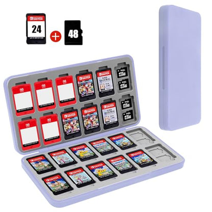 FYY Nintendo Switch Game Case Holder for Switch 2 Cartridge, Light Purple | 24 Game Card Slots & 48 Micro SD Card Slots, Hard Shell, Silicone Lining - color: B-Light Purple