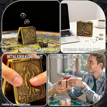 Metal DND Dice Set 7-in-1 Spinner with Dragon Case - Ancient Bronze | Foldable polyhedral dice, for Dungeons & Dragons RPG games, Premium metal spinner,3D dragon, storage case included - color: Ancient Bronze