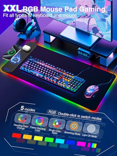 Magnetic Charging Mouse Pad 31.5x15.75, 15W Fast Wireless Charging Desk Mat, XXL Desk Pad RGB Gaming Mousepad, Home Office Large Keyboard Pad with Ultra-Smooth Surface, Non-Slip Base - color: 31.5x15.75"Magnetic RGB-Black