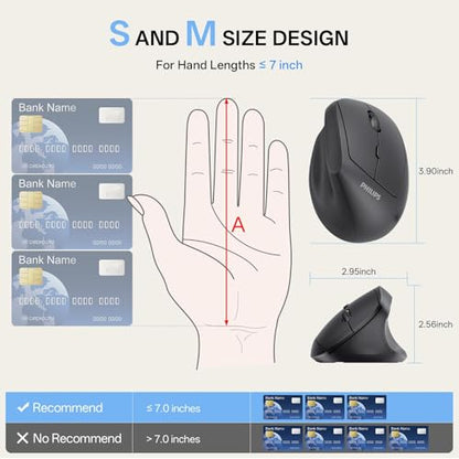 PHILIPS SPK7628 Ergonomic Mouse - Vertical Mouse with 800/1200/1600 Adjustable DPI, 6 Silent Buttons Design for S/M Hands, Auto Power Saving, Light Weight, 2.4GHz Wireless Mouse for Laptop, Desktop,PC - color: Black