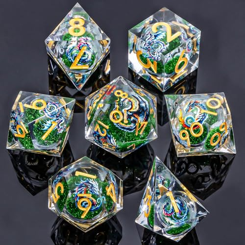 Roycevon Dragon Pattern Liquid Core DND Dice Set, 7Pcs Sharp Edge D&D Dice with Gift Box, Green Resin Dungeons Dragons D and D Role Playing Dice D20 D12 D10 D8 D6 D4 - color: Green Gold