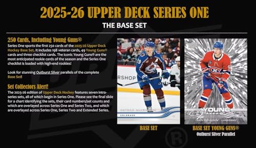 2025 2026 Upper Deck Series One Hockey Unopened Blaster Box of Packs with a Young Guns Rookie Card, an OPC Glossy Card, an Encore Insert and Green Dazzler Card Plus