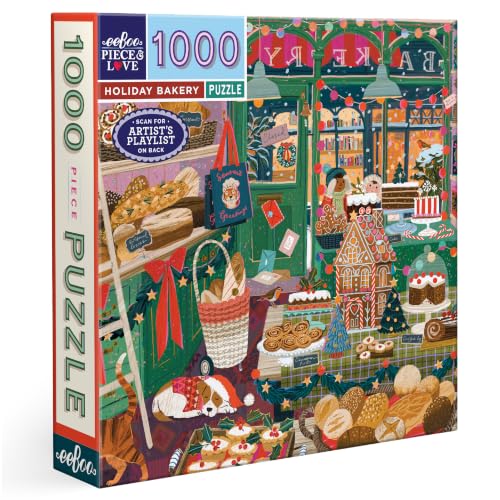 eeBoo Holiday Bakery 1000 Piece Square Jigsaw Puzzle, 23" x 23" | Double coated, sturdy & dust free pieces with a satisfying snap. Includes full color reference insert. Vibrant, original art - style: Holiday Bakery