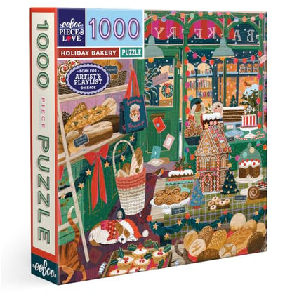 eeBoo Holiday Bakery 1000 Piece Square Jigsaw Puzzle, 23" x 23" | Double coated, sturdy & dust free pieces with a satisfying snap. Includes full color reference insert. Vibrant, original art - style: Holiday Bakery