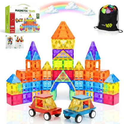 Magnetic Tiles 100 pcs with 2 Cars, STEM Building Blocks for Kids, Educational Gift, Magnet Construction Toys for Toddlers, School Teacher Supplies, Classroom Must-Haves - style: 100 Pieces