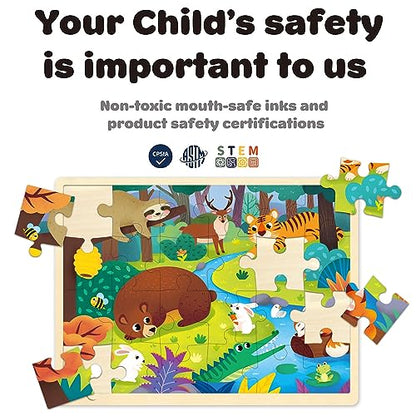 24 Piece Puzzles for Kids Ages 3-5, Unique Shape Jigsaw Pieces Forest Animals, Wooden Jigsaw Puzzle for 3 4 5 Year Old, Preschool Toddler Puzzle with Storage Tray - style: 24 Piece