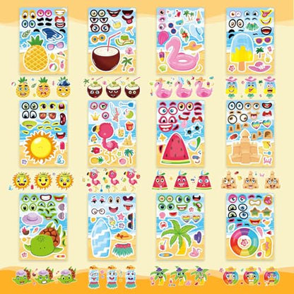 Summer Stickers, Make a Face Sticker, Hawaii Tropical Pool Beach Stickers | 24 Sheets Make Your Own Sticker with Pineapple Flamingo Beverage, Summer Holiday Party Favors - style: Summer