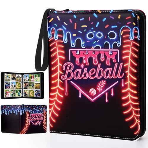 Pasimy 900 Pockets Ice Cream Drip Baseball Card Binder for Trading Cards 9 Pockets with 50 Removable Sleeves 3 Ring Baseball Card Holder Binder with Zipper for Sport Collection Book Storage Album - color: Neon Pink, size: 13.39 x 11.42 Inch, style: Ice Cr