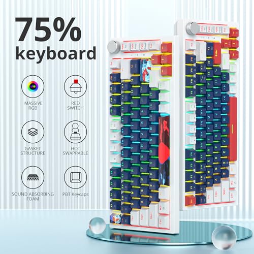 Guffercty kred 75% Percent Blue Wired Keyboard Gasket Mount, Hot-swappable RGB Mechanical Gaming Keyboard Programmable with Knob for Mac/Win (82 Blue Earth) - color: 82 Blue Earth