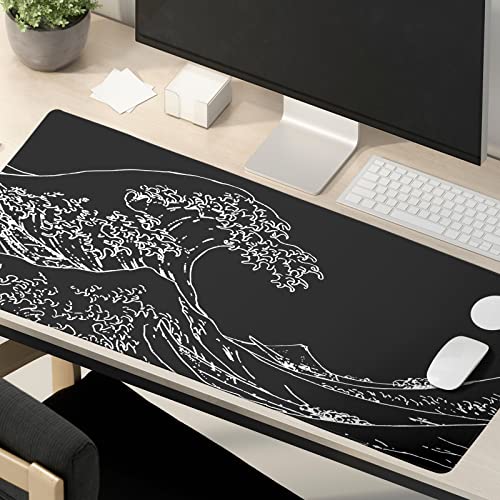 Black and White Japanese Sea Wave Mouse Pad,Extended Large Gaming Mouse Pads 31.5x11.8 in,Japanese Kanagawa Desk Mat,Laptop Mousepad Non-Slip Rubber MousePads for Office Home Travel - color: Japanese Sea Wave, size: 11.8" x 31.5"