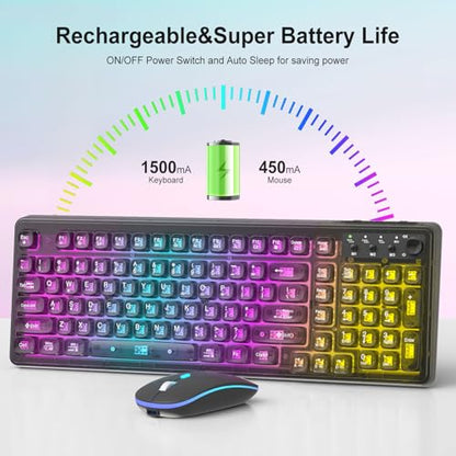 Wireless Keyboard and Mouse Combo Rechargeable, Light Up Transparent Backlit Keyboard with 15 LED Lighting Effects, Volume Knob, RGB Mouse, 2.4GHz Wireless for PC Laptop Desktop, Black - color: K04 Black