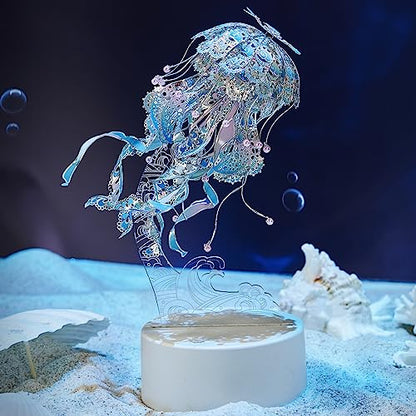 Piececool 3D Puzzles for Adults, Jellyfish Night Light with USB Plug, Ocean Animals 3D Metal Model Building Kits, Hobbies DIY Assembling Arts and Crafts - color: Blue