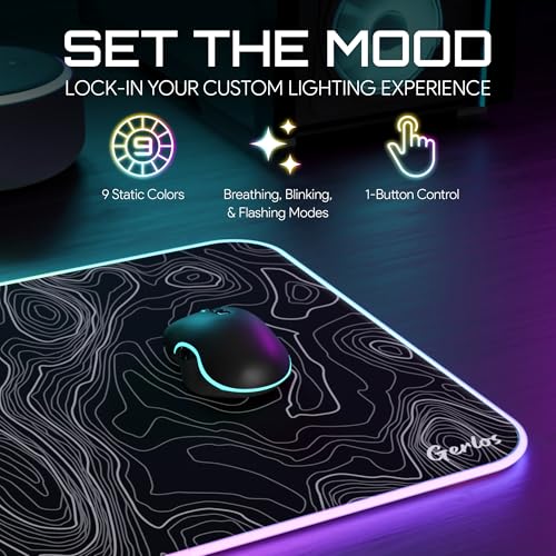 Gerlos RGB Gaming Mouse Pad, Large LED Desk Mat, 31.5 x 11.8 Inch | 12 light modes, non-slip base, water-resistant surface, stitched edges - color: Black