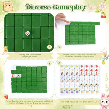 Leitee 2 Players Mahjong Block Set 1.18" Mahjong Tile Game Including 64 Pcs Green Tiles with Animal and Food Pattern Dice Portable Storage Bag Party Activities Supplies