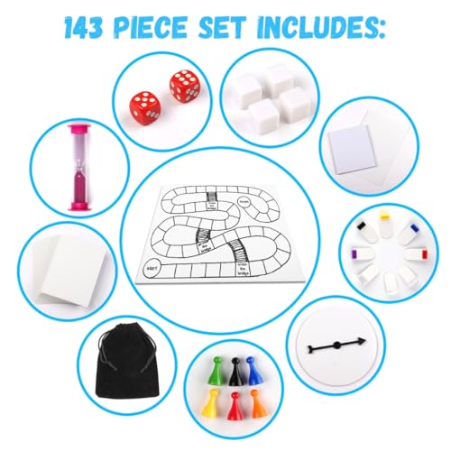 Madanar Blank Create Your Own Board Game Kit DIY 143 Piece Set Fun Projects | Great Family or School Activity, Player Pieces, Spinner, Playing Cards, Dice, Sand Timer, Pawns, Storage Box, Fun Craft, STEM