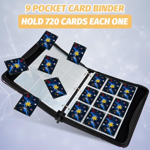 720 Pockets Round Ring Trading Card Binder, 9-Pocket Clear Zipper Card Album with Wrist Strap, Holds 720 Standard TCG Cards Compatible with Sports Baseball Football Game Cards (Dark Blue) - color: 9 Pocket 720 Carton Blue