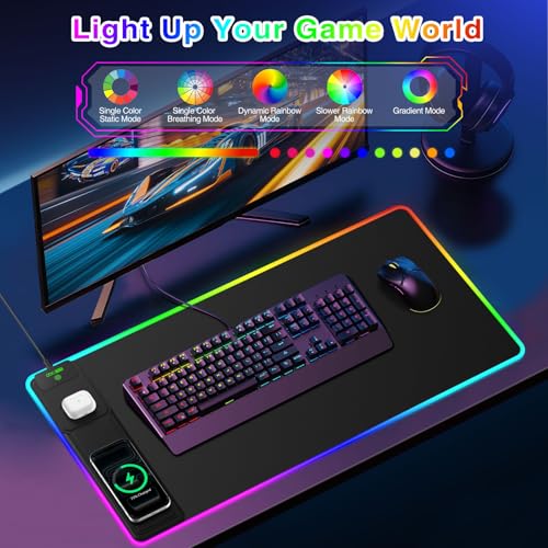 XXL RGB LED Gaming Mouse Pad with Magnetic Wireless Charger & Foldable Phone Holder, 31.5"x15.8" Extended Ultra-Smooth Desk Mat, 25 Lighting Effects, Non-Slip Base - color: RGB-Magnetic Stand-31.5"x15.8"-Left