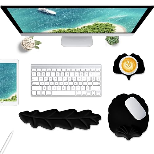 Keyboard Wrist Rest and Mouse Pad with Wrist Support Set, Ergonomic Leaf Shape Mouse Pad with Non-Slip Base, Pain Relief Memory Foam Mousepad for Computer,Laptop,Home Office, Black - color: Black