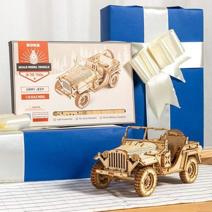 ROKR 3D Wooden Puzzle for Adults Mechanical Car Model-DIY Building Vehicle Kits-Brain Teaser Toys-Gift for Men Women on Birthday/Christmas Day (Army Field Car)