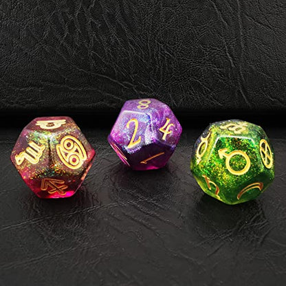 Bescon 3 Pieces Astrological Dice Set, Constellation Divination D12 Dice, 3 Colors Magical Stone Effect - color: Magical Stone Set