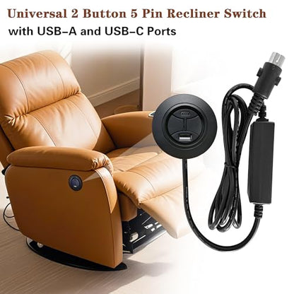 2 Button 5 Pin Round Hand Control Handset with USB Type A C Port and Backlight for Power Recliner Lift Chairs