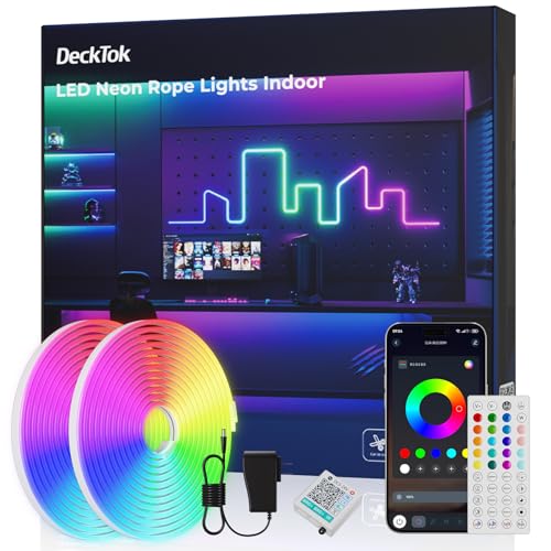 DeckTok Neon Rope Lights Led 65FT - Flexible Led Strip Control with App/Remote Rope Lights Multiple Modes RGB IP65 Waterproof Outdoor Neon Music Sync Gaming Strip for Home Wall Decor Indoor/Outdoor - size: 65FT