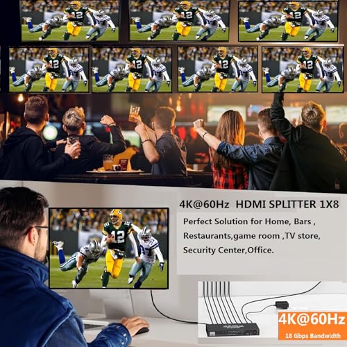 4K@60Hz 1x8 HDMI Splitter 4:4:4,18 Gbps,8 Port Powered HDMI 2.0 Splitter1 in 8 Out Support Auto Down Scaler, 4K 1080P Sync, HDR10,3D, HDCP 2.2,Only Duplication/Mirror Screens (Not Extend) for HDTV/PS5 - size: 4K@60Hz 1x8 splitter